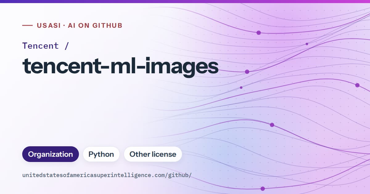 Generated violet flowing-wave artwork for Tencent/tencent-ml-images, labeled USASI · AI on GitHub, with Organization · Python · Other license.