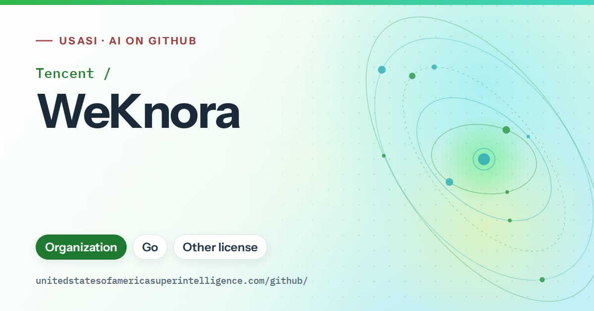 Generated green orbit artwork for Tencent/WeKnora, labeled USASI · AI on GitHub, with Organization · Go · Other license.