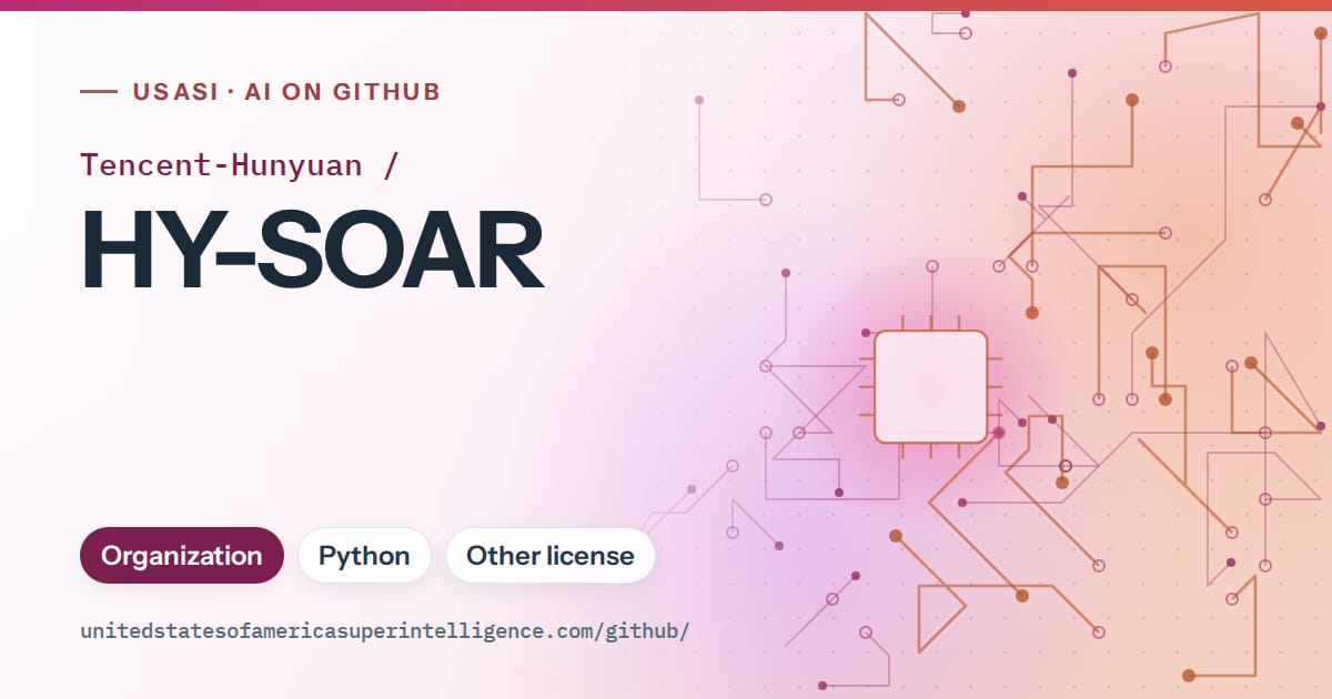 Generated pink circuit-trace artwork for Tencent-Hunyuan/HY-SOAR, labeled USASI · AI on GitHub, with Organization · Python · Other license.