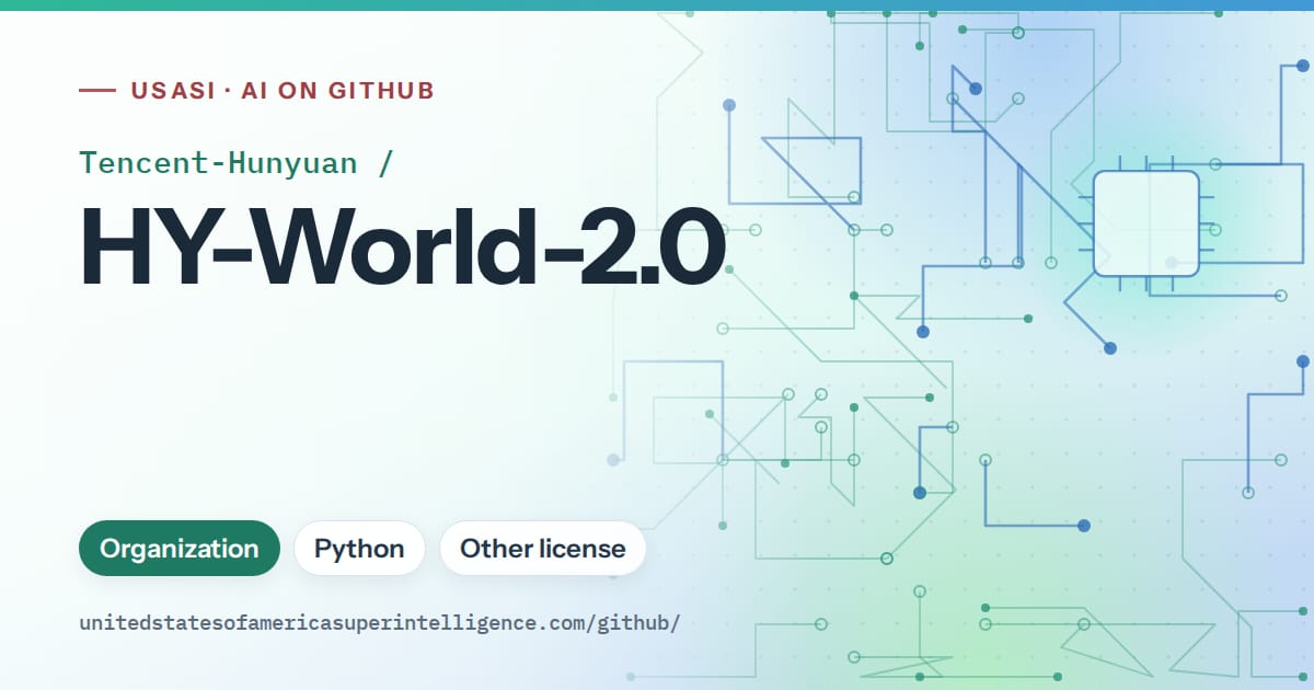 Generated teal circuit-trace artwork for Tencent-Hunyuan/HY-World-2.0, labeled USASI · AI on GitHub, with Organization · Python · Other license.