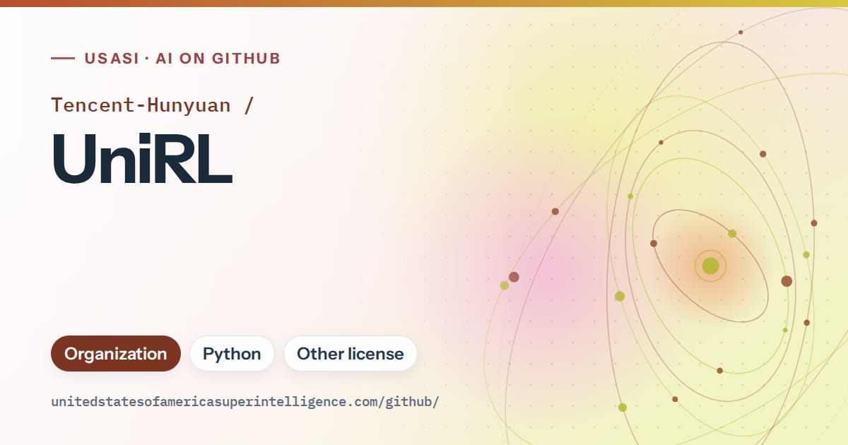 Generated red orbit artwork for Tencent-Hunyuan/UniRL, labeled USASI · AI on GitHub, with Organization · Python · Other license.