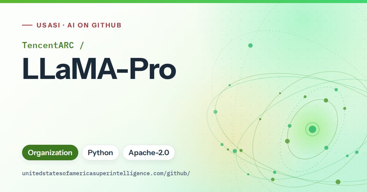 Generated green orbit artwork for TencentARC/LLaMA-Pro, labeled USASI · AI on GitHub, with Organization · Python · Apache-2.0.