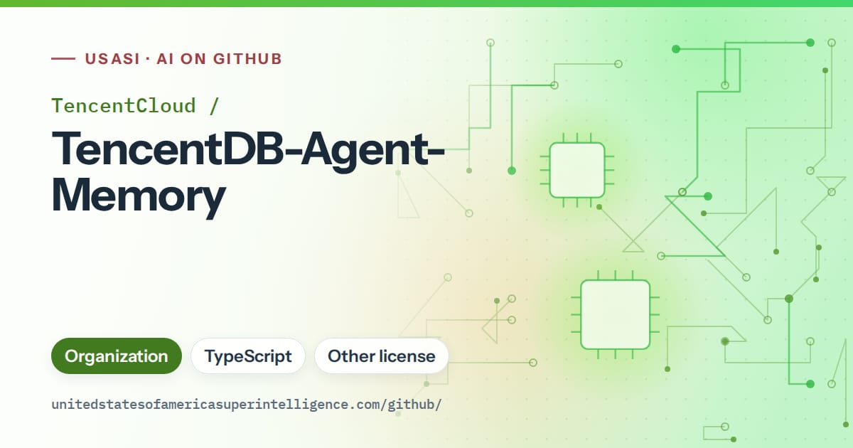 Generated green circuit-trace artwork for TencentCloud/TencentDB-Agent-Memory, labeled USASI · AI on GitHub, with Organization · TypeScript · Other license.