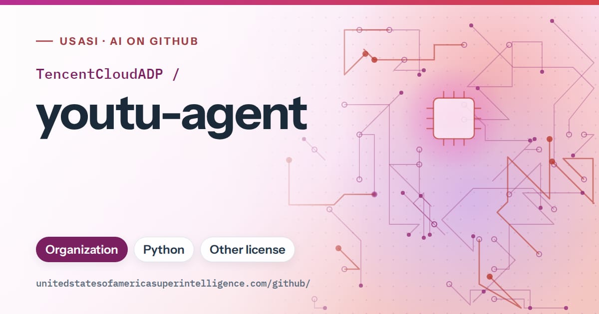 Generated purple circuit-trace artwork for TencentCloudADP/youtu-agent, labeled USASI · AI on GitHub, with Organization · Python · Other license.
