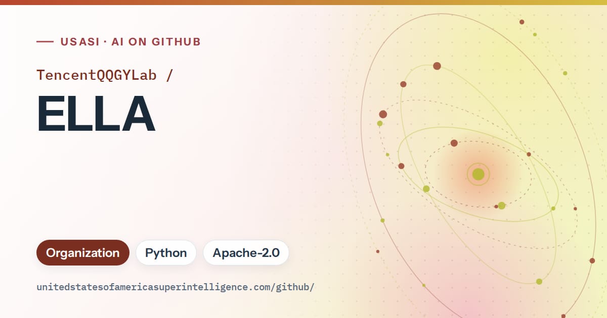 Generated red orbit artwork for TencentQQGYLab/ELLA, labeled USASI · AI on GitHub, with Organization · Python · Apache-2.0.