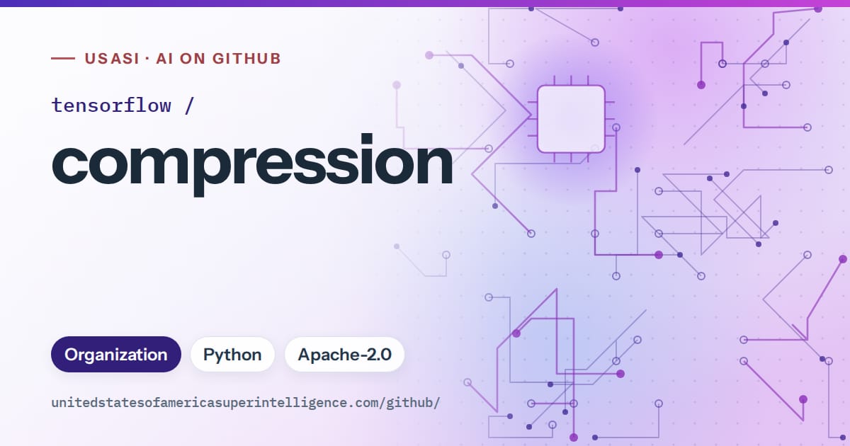 Generated violet circuit-trace artwork for tensorflow/compression, labeled USASI · AI on GitHub, with Organization · Python · Apache-2.0.