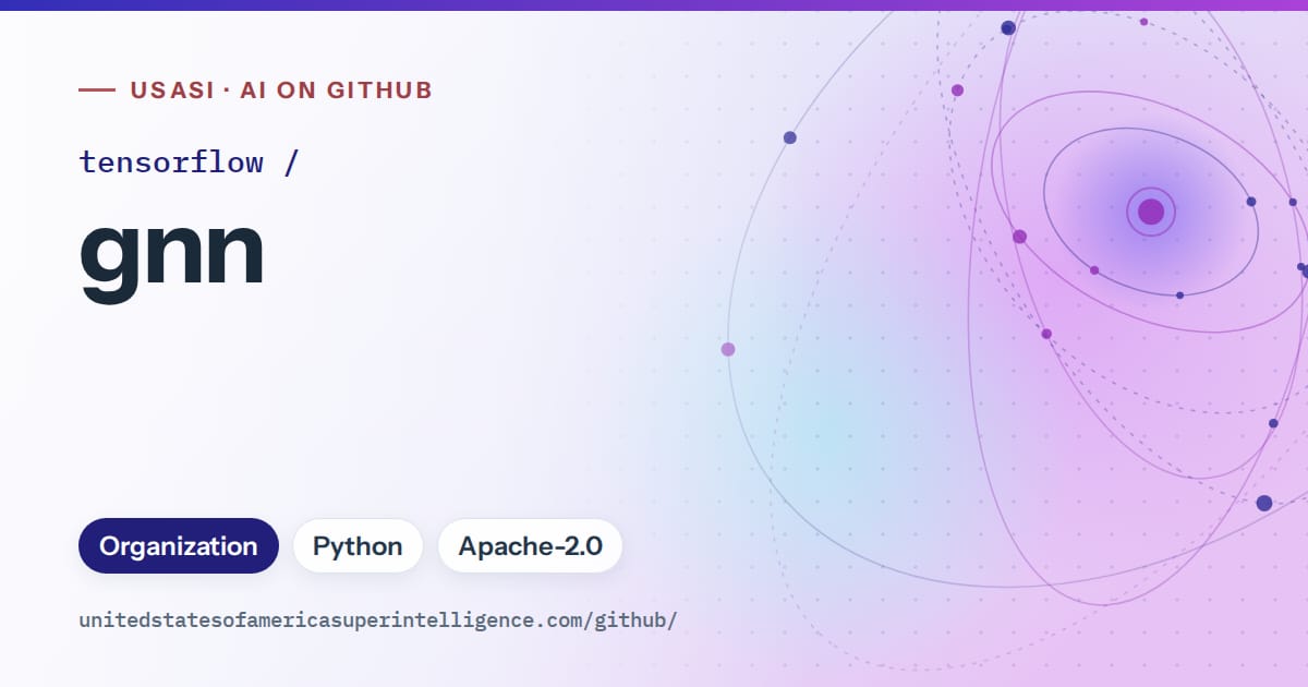 Generated blue orbit artwork for tensorflow/gnn, labeled USASI · AI on GitHub, with Organization · Python · Apache-2.0.