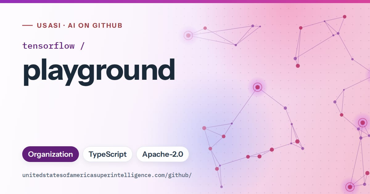 Generated violet constellation network artwork for tensorflow/playground, labeled USASI · AI on GitHub, with Organization · TypeScript · Apache-2.0.
