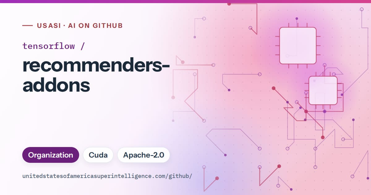 Generated purple circuit-trace artwork for tensorflow/recommenders-addons, labeled USASI · AI on GitHub, with Organization · Cuda · Apache-2.0.