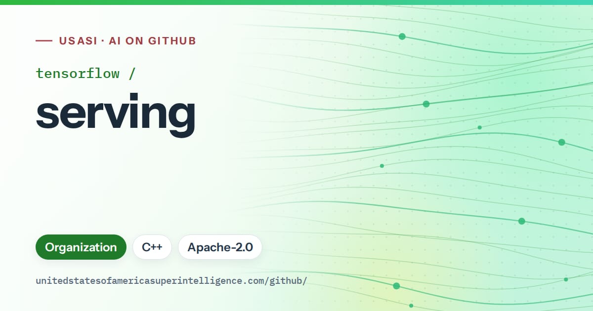 Generated green flowing-wave artwork for tensorflow/serving, labeled USASI · AI on GitHub, with Organization · C++ · Apache-2.0.