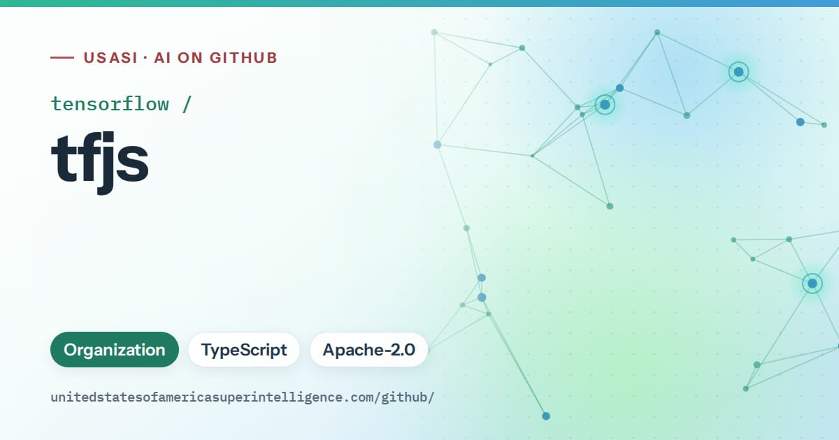 Generated teal constellation network artwork for tensorflow/tfjs, labeled USASI · AI on GitHub, with Organization · TypeScript · Apache-2.0.