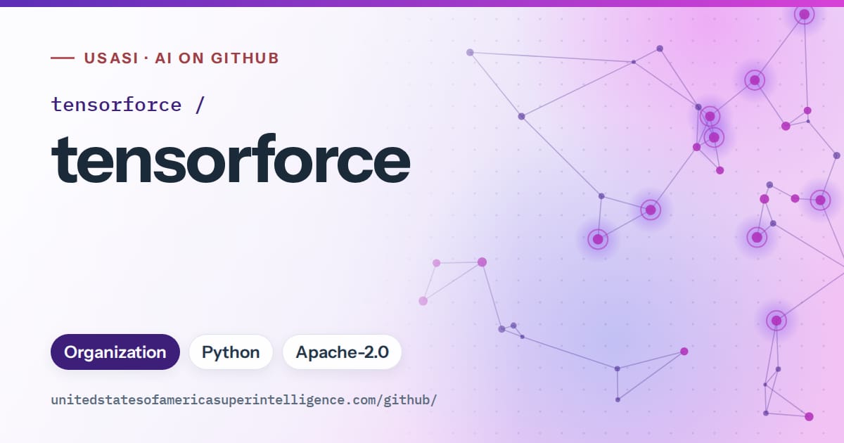 Generated violet constellation network artwork for tensorforce/tensorforce, labeled USASI · AI on GitHub, with Organization · Python · Apache-2.0.