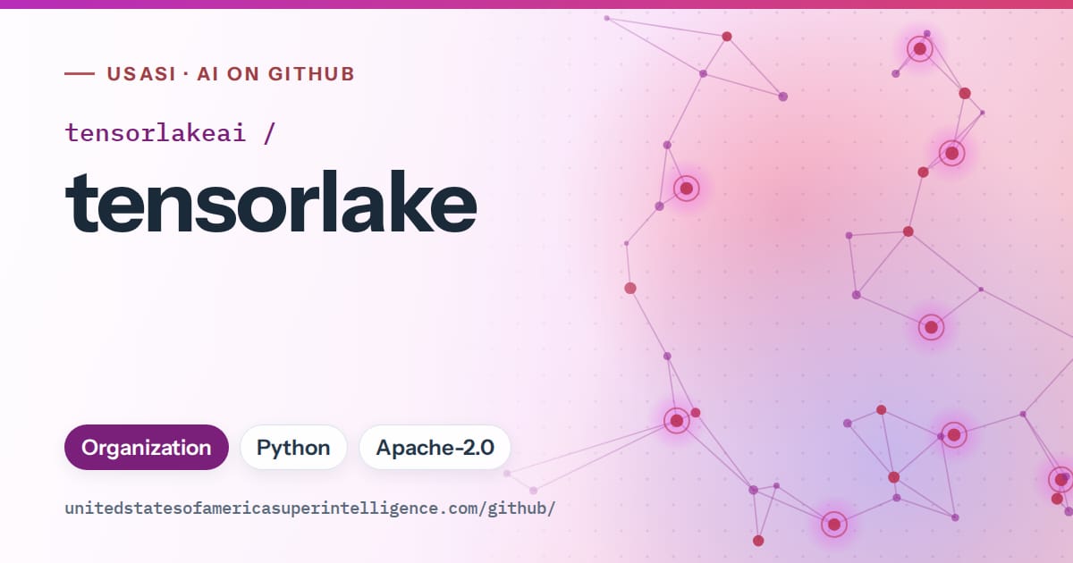 Generated purple constellation network artwork for tensorlakeai/tensorlake, labeled USASI · AI on GitHub, with Organization · Python · Apache-2.0.
