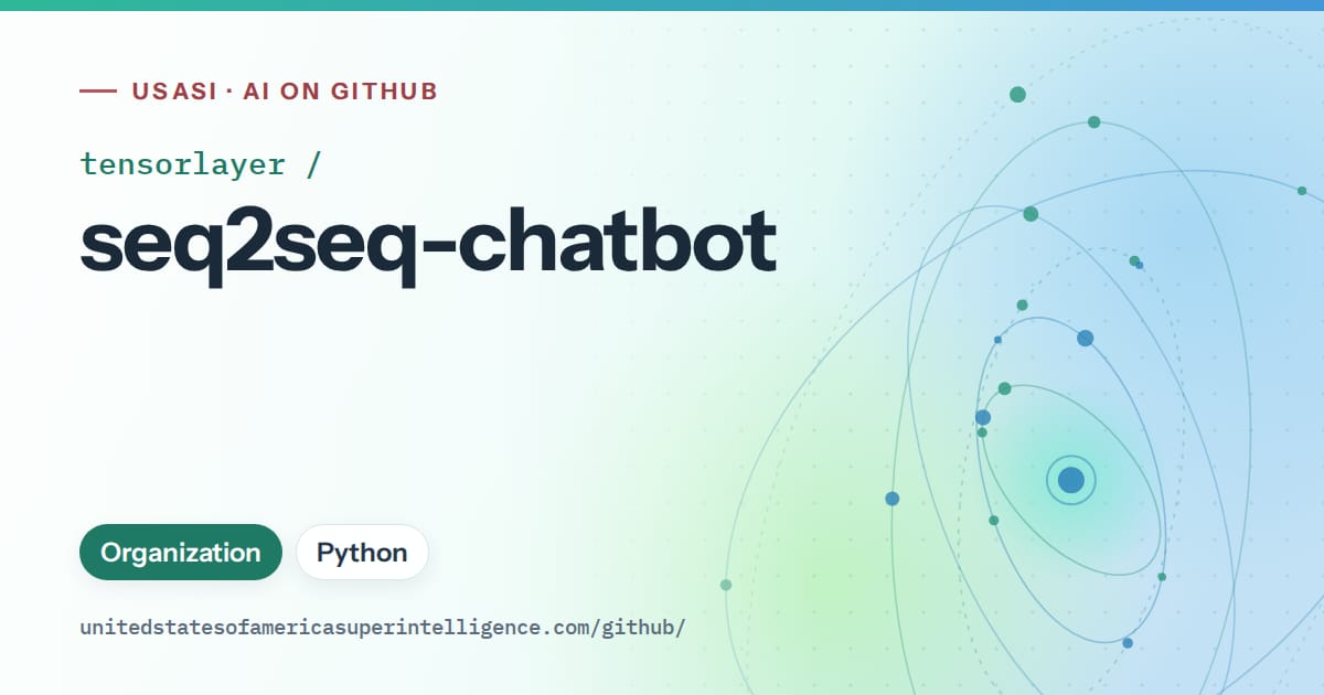Generated teal orbit artwork for tensorlayer/seq2seq-chatbot, labeled USASI · AI on GitHub, with Organization · Python.