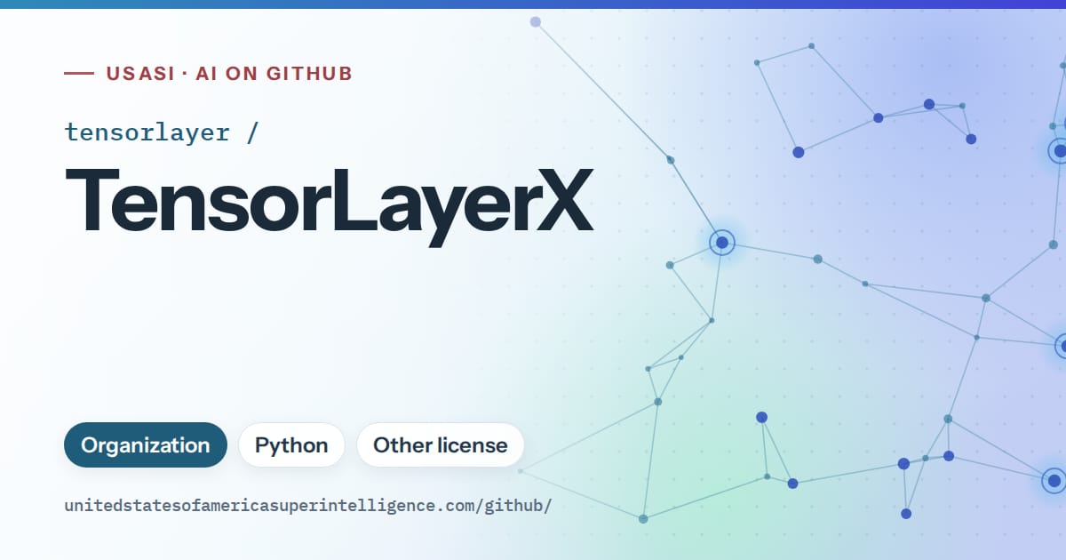 Generated sky blue constellation network artwork for tensorlayer/TensorLayerX, labeled USASI · AI on GitHub, with Organization · Python · Other license.