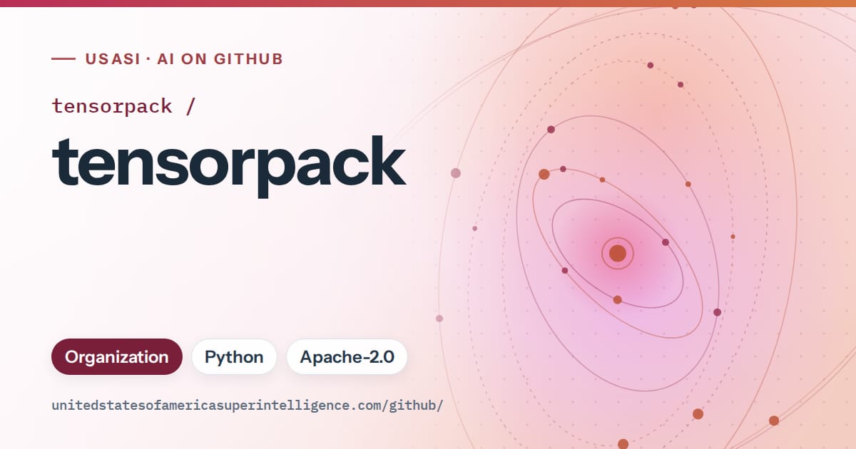 Generated pink orbit artwork for tensorpack/tensorpack, labeled USASI · AI on GitHub, with Organization · Python · Apache-2.0.