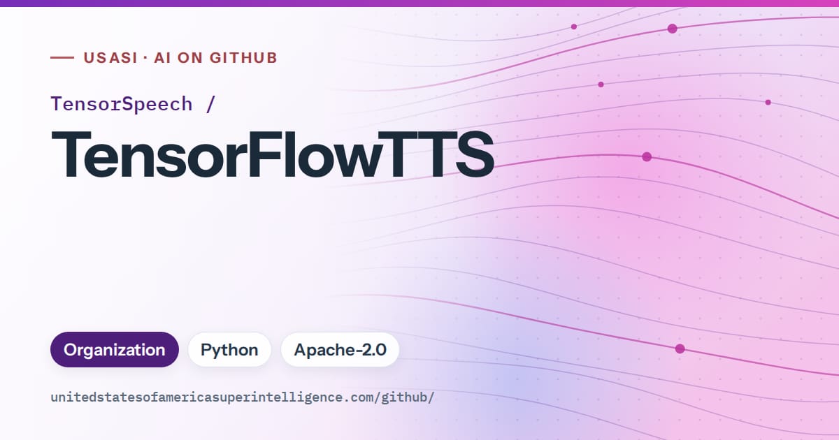 Generated violet flowing-wave artwork for TensorSpeech/TensorFlowTTS, labeled USASI · AI on GitHub, with Organization · Python · Apache-2.0.