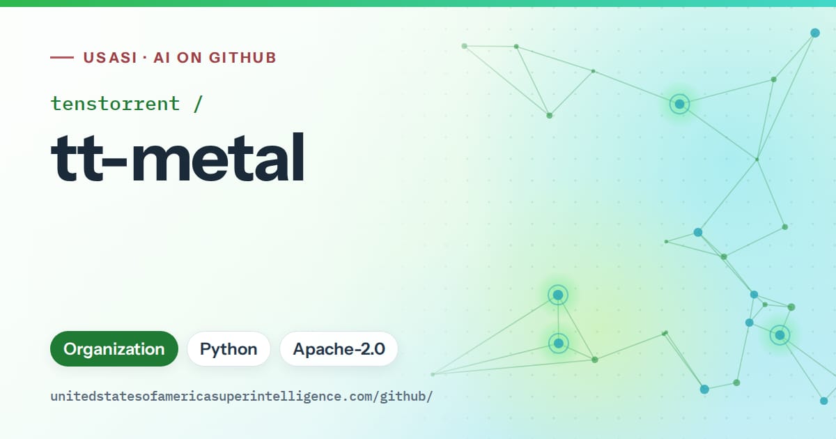 Generated green constellation network artwork for tenstorrent/tt-metal, labeled USASI · AI on GitHub, with Organization · Python · Apache-2.0.