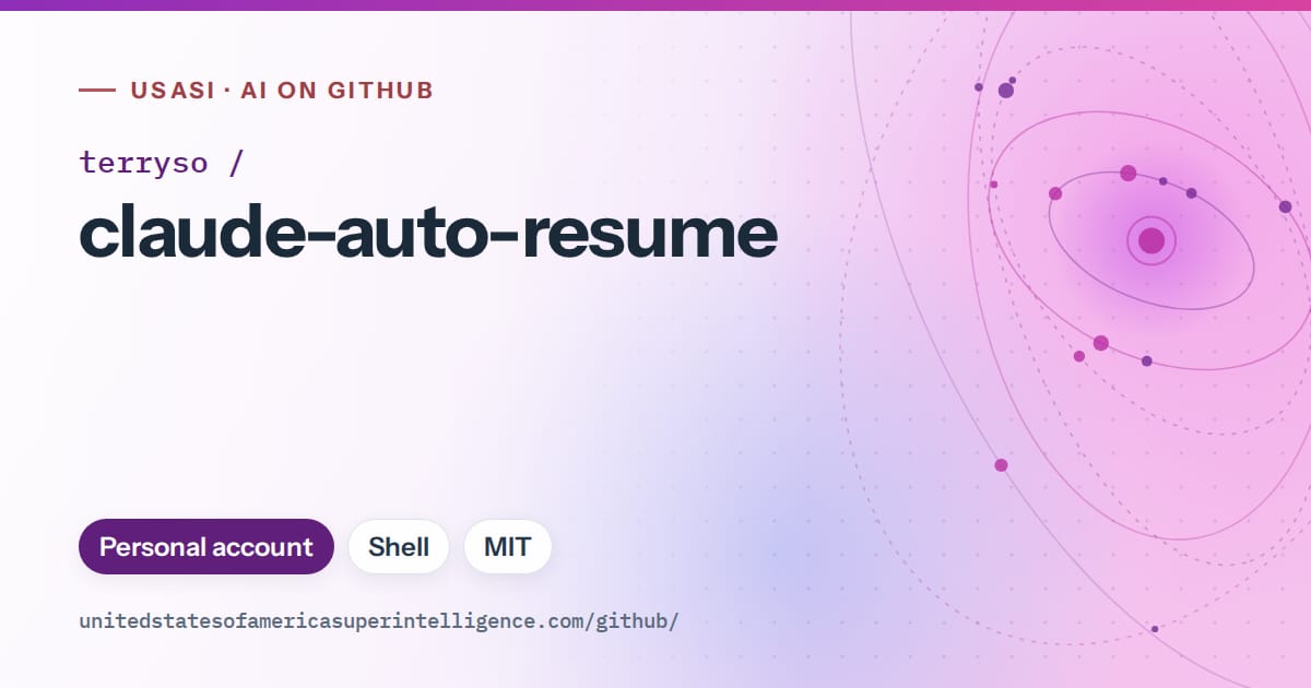 Generated violet orbit artwork for terryso/claude-auto-resume, labeled USASI · AI on GitHub, with Personal account · Shell · MIT.