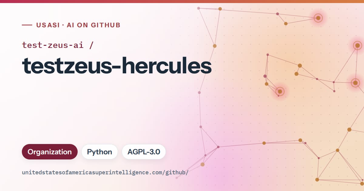 Generated pink constellation network artwork for test-zeus-ai/testzeus-hercules, labeled USASI · AI on GitHub, with Organization · Python · AGPL-3.0.