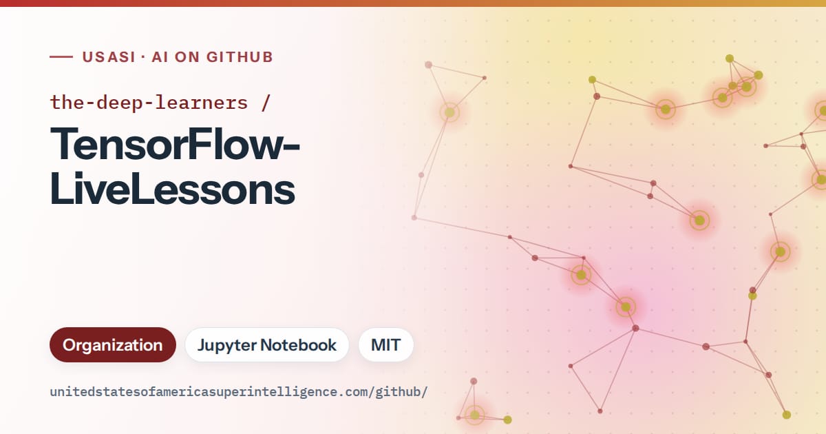 Generated red constellation network artwork for the-deep-learners/TensorFlow-LiveLessons, labeled USASI · AI on GitHub, with Organization · Jupyter Notebook · MIT.