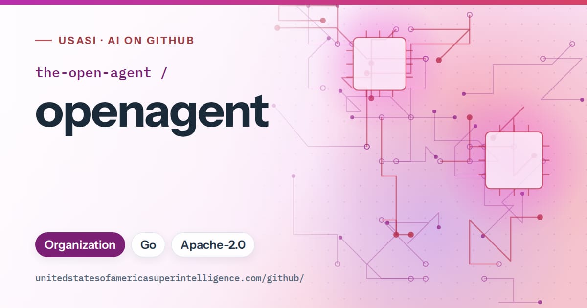 Generated purple circuit-trace artwork for the-open-agent/openagent, labeled USASI · AI on GitHub, with Organization · Go · Apache-2.0.