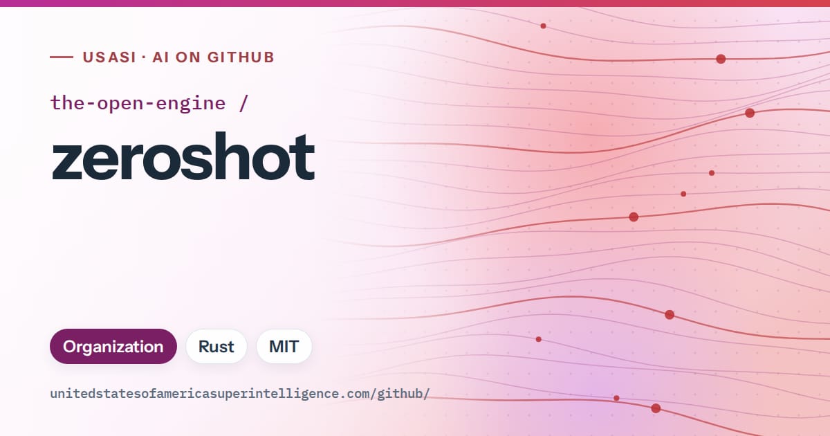 Generated purple flowing-wave artwork for the-open-engine/zeroshot, labeled USASI · AI on GitHub, with Organization · Rust · MIT.