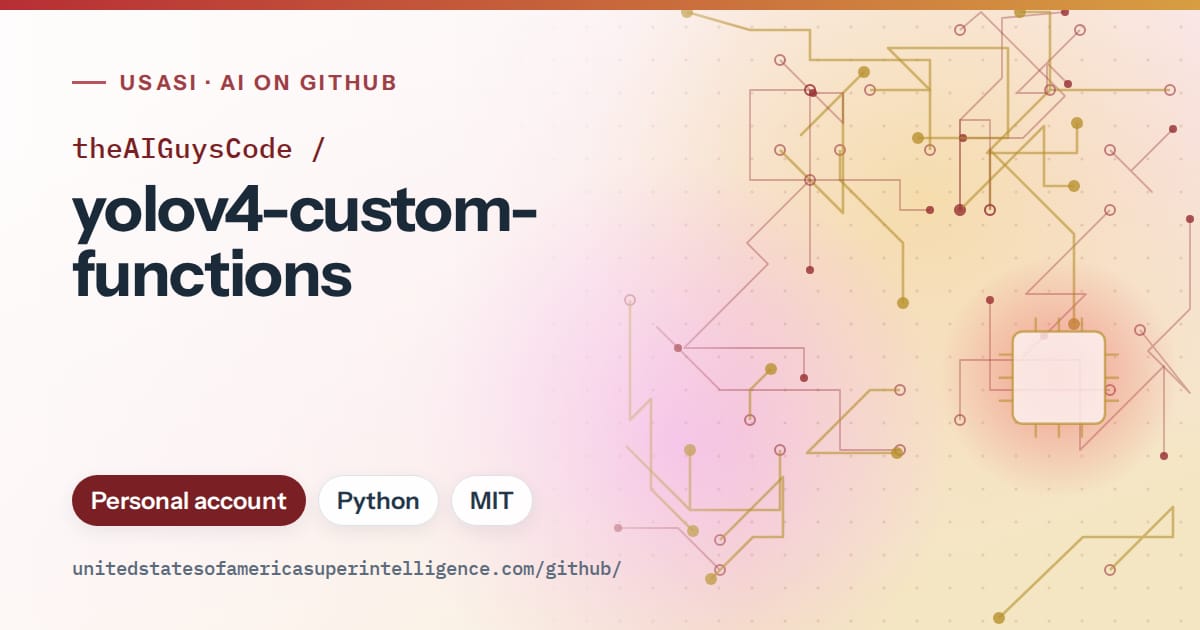 Generated red circuit-trace artwork for theAIGuysCode/yolov4-custom-functions, labeled USASI · AI on GitHub, with Personal account · Python · MIT.