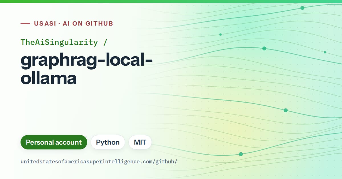 Generated green flowing-wave artwork for TheAiSingularity/graphrag-local-ollama, labeled USASI · AI on GitHub, with Personal account · Python · MIT.