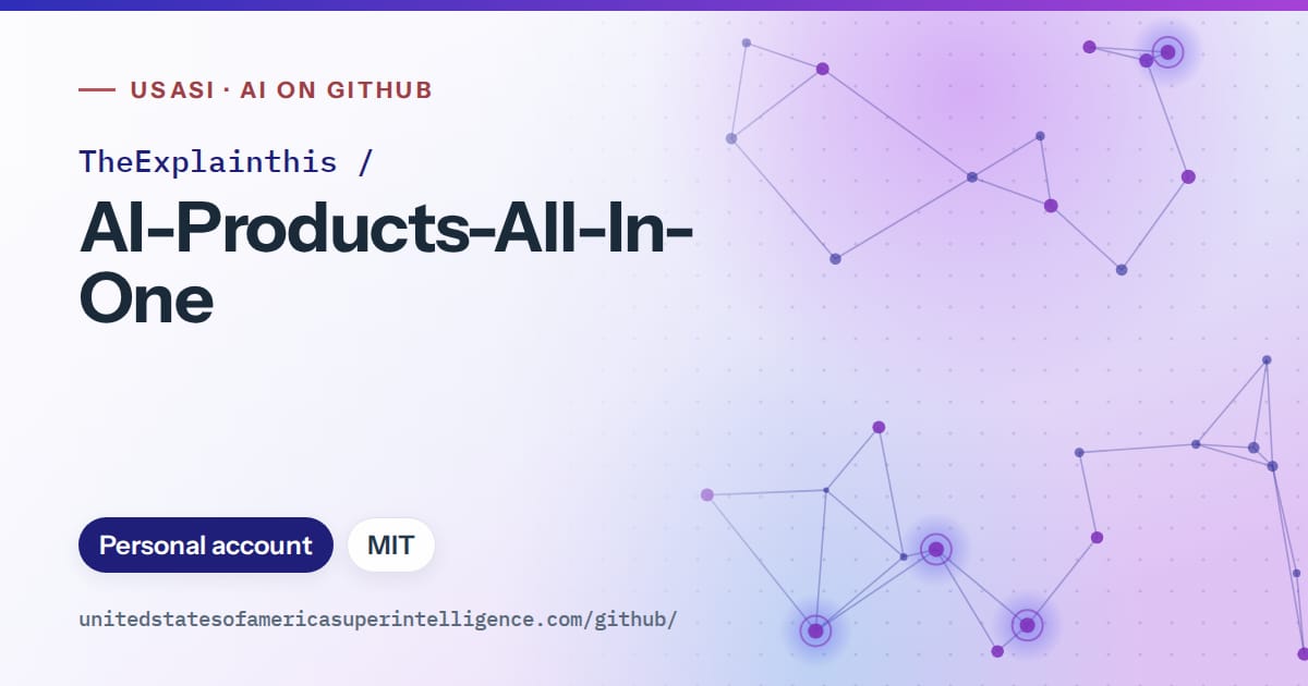 Generated blue constellation network artwork for TheExplainthis/AI-Products-All-In-One, labeled USASI · AI on GitHub, with Personal account · MIT.