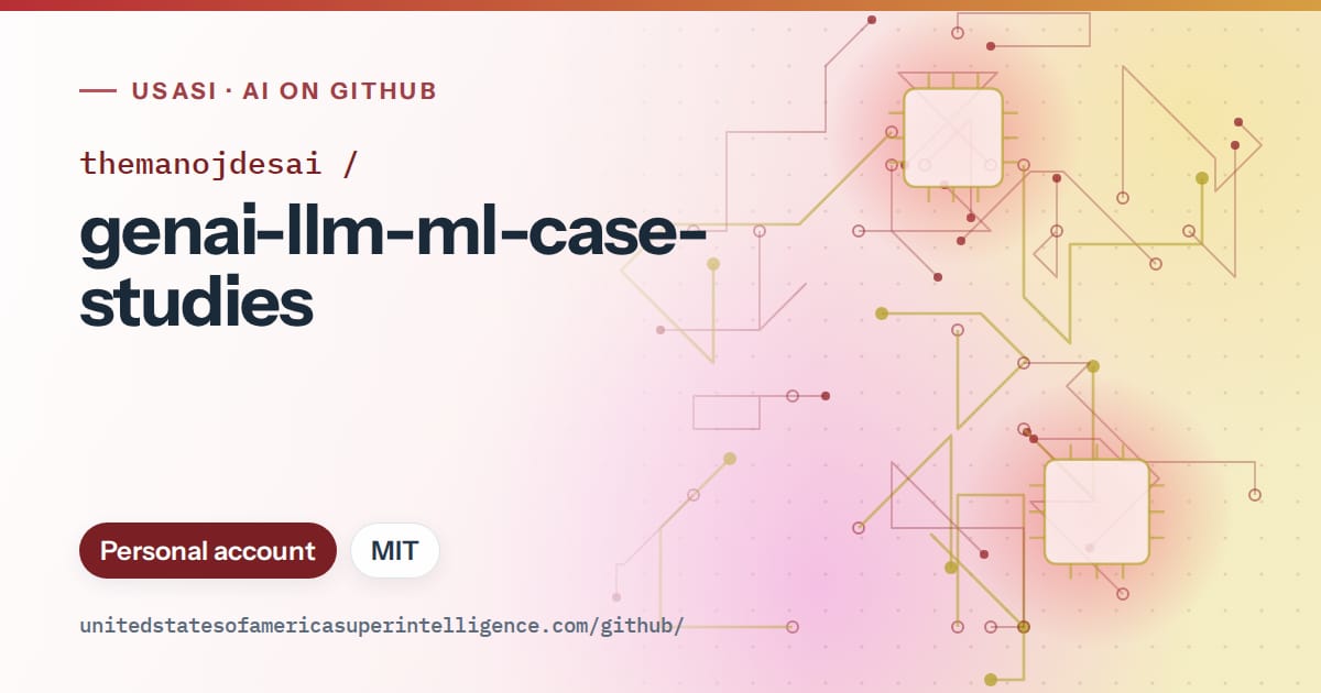 Generated red circuit-trace artwork for themanojdesai/genai-llm-ml-case-studies, labeled USASI · AI on GitHub, with Personal account · MIT.