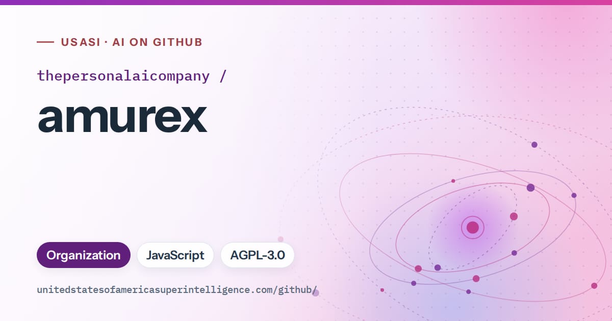 Generated violet orbit artwork for thepersonalaicompany/amurex, labeled USASI · AI on GitHub, with Organization · JavaScript · AGPL-3.0.