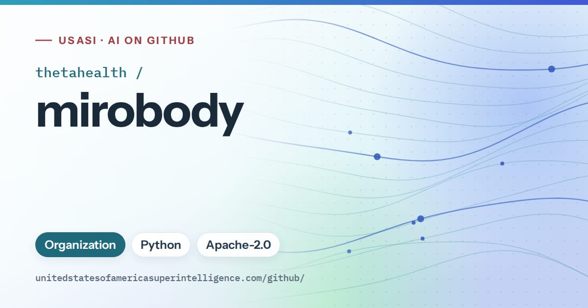 Generated sky blue flowing-wave artwork for thetahealth/mirobody, labeled USASI · AI on GitHub, with Organization · Python · Apache-2.0.