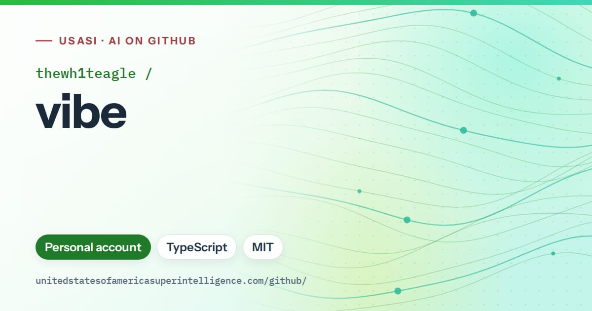 Generated green flowing-wave artwork for thewh1teagle/vibe, labeled USASI · AI on GitHub, with Personal account · TypeScript · MIT.