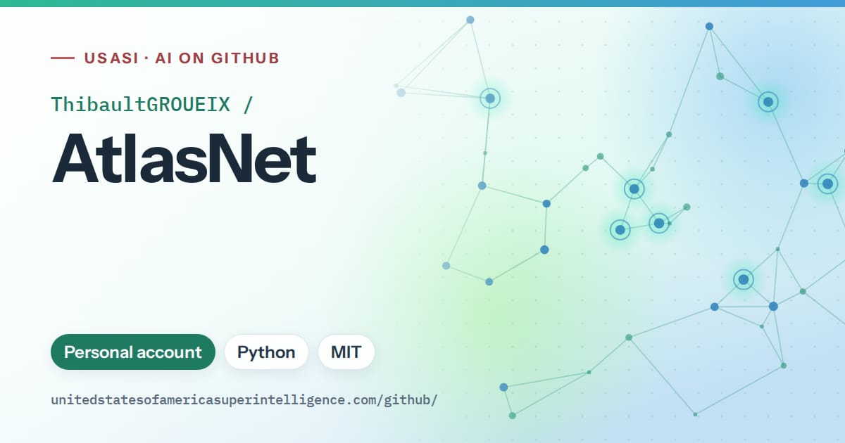 Generated teal constellation network artwork for ThibaultGROUEIX/AtlasNet, labeled USASI · AI on GitHub, with Personal account · Python · MIT.