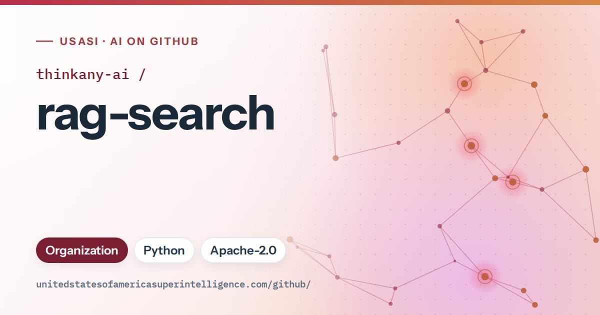 Generated red constellation network artwork for thinkany-ai/rag-search, labeled USASI · AI on GitHub, with Organization · Python · Apache-2.0.