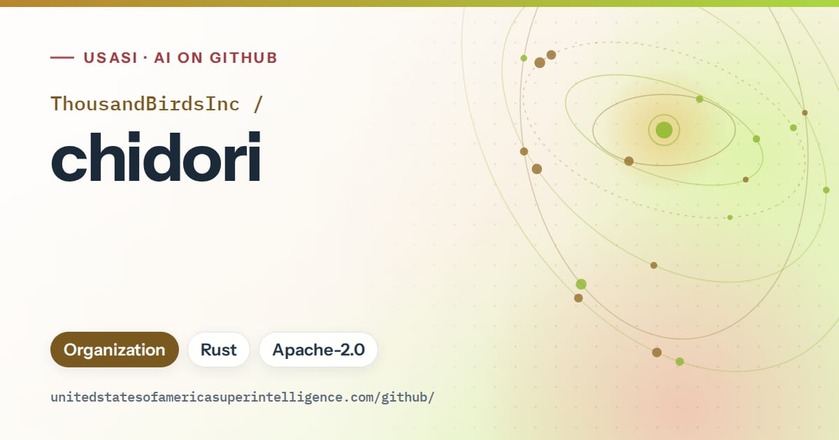 Generated orange orbit artwork for ThousandBirdsInc/chidori, labeled USASI · AI on GitHub, with Organization · Rust · Apache-2.0.