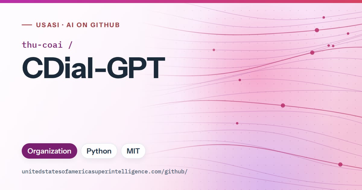 Generated purple flowing-wave artwork for thu-coai/CDial-GPT, labeled USASI · AI on GitHub, with Organization · Python · MIT.