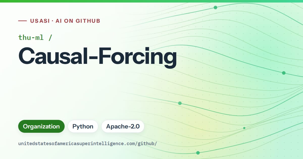 Generated green flowing-wave artwork for thu-ml/Causal-Forcing, labeled USASI · AI on GitHub, with Organization · Python · Apache-2.0.