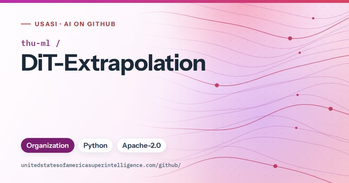 Generated purple flowing-wave artwork for thu-ml/DiT-Extrapolation, labeled USASI · AI on GitHub, with Organization · Python · Apache-2.0.