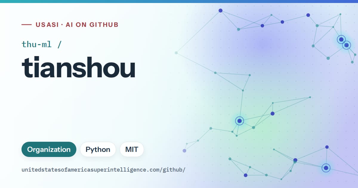 Generated teal constellation network artwork for thu-ml/tianshou, labeled USASI · AI on GitHub, with Organization · Python · MIT.
