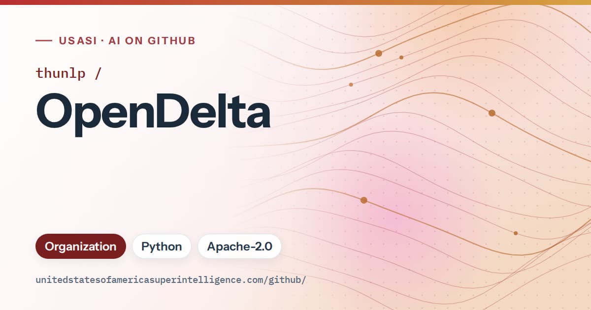 Generated red flowing-wave artwork for thunlp/OpenDelta, labeled USASI · AI on GitHub, with Organization · Python · Apache-2.0.