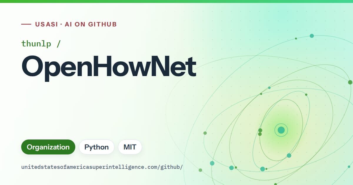 Generated green orbit artwork for thunlp/OpenHowNet, labeled USASI · AI on GitHub, with Organization · Python · MIT.