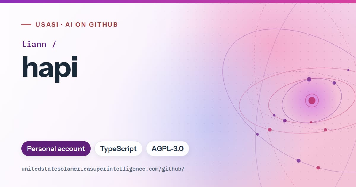 Generated violet orbit artwork for tiann/hapi, labeled USASI · AI on GitHub, with Personal account · TypeScript · AGPL-3.0.