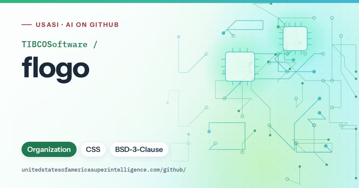 Generated teal circuit-trace artwork for TIBCOSoftware/flogo, labeled USASI · AI on GitHub, with Organization · CSS · BSD-3-Clause.