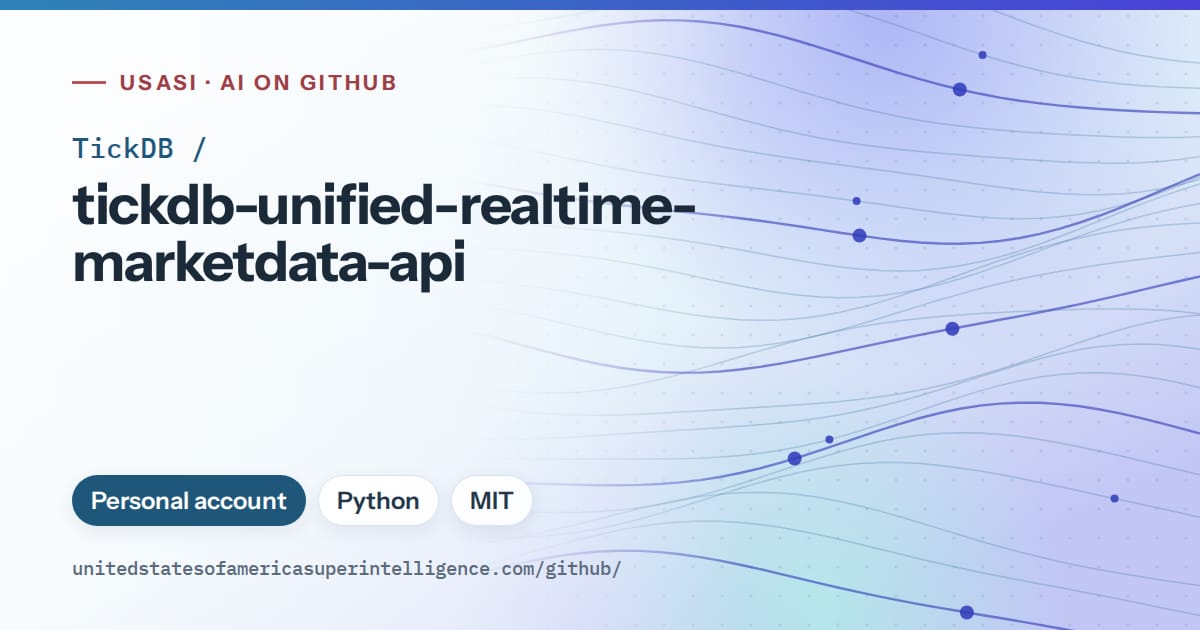 Generated sky blue flowing-wave artwork for TickDB/tickdb-unified-realtime-marketdata-api, labeled USASI · AI on GitHub, with Personal account · Python · MIT.