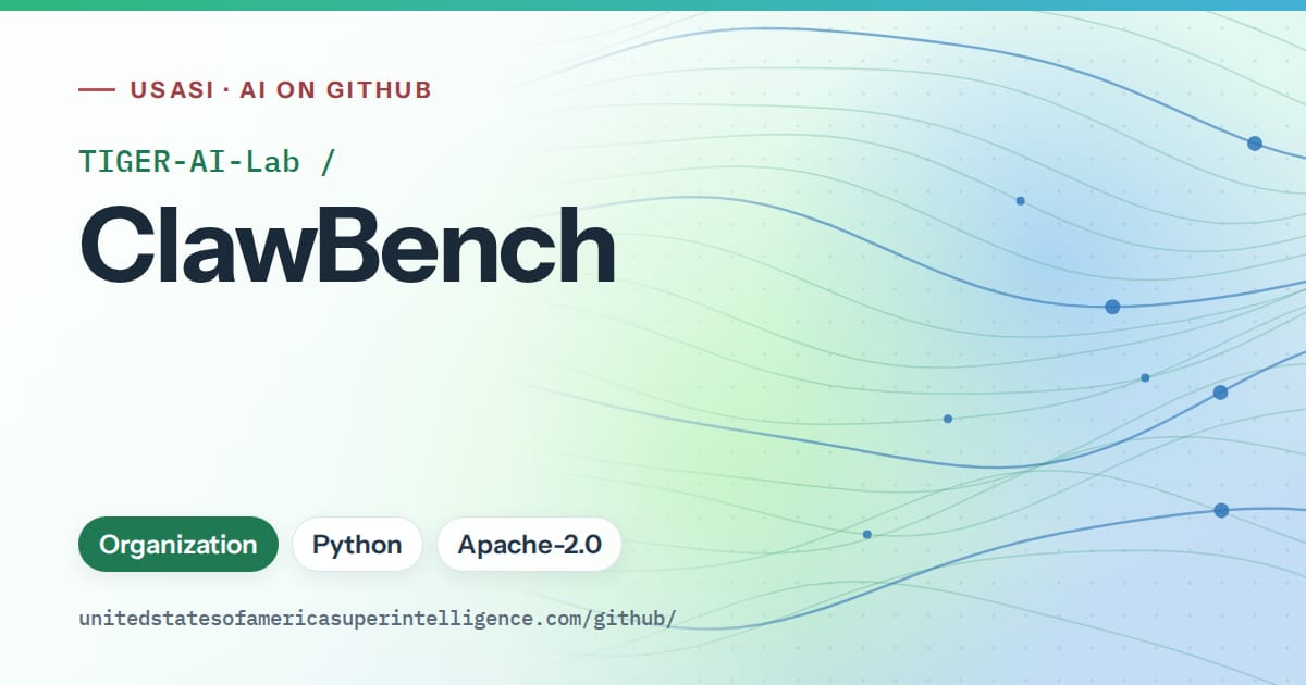 Generated teal flowing-wave artwork for TIGER-AI-Lab/ClawBench, labeled USASI · AI on GitHub, with Organization · Python · Apache-2.0.
