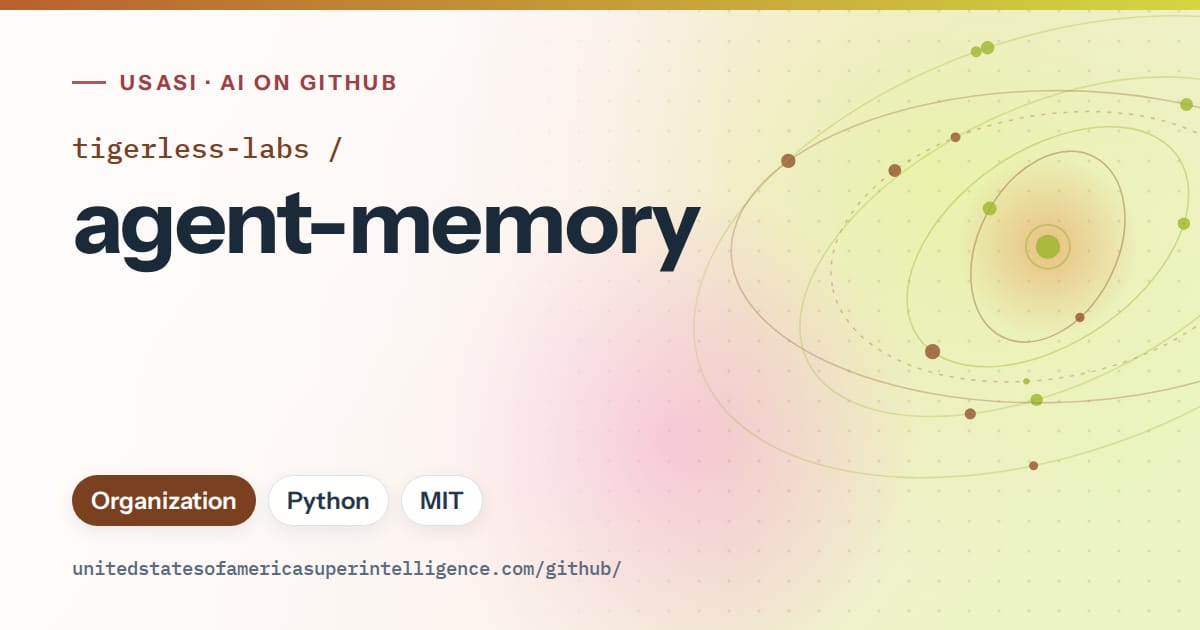 Generated orange orbit artwork for tigerless-labs/agent-memory, labeled USASI · AI on GitHub, with Organization · Python · MIT.