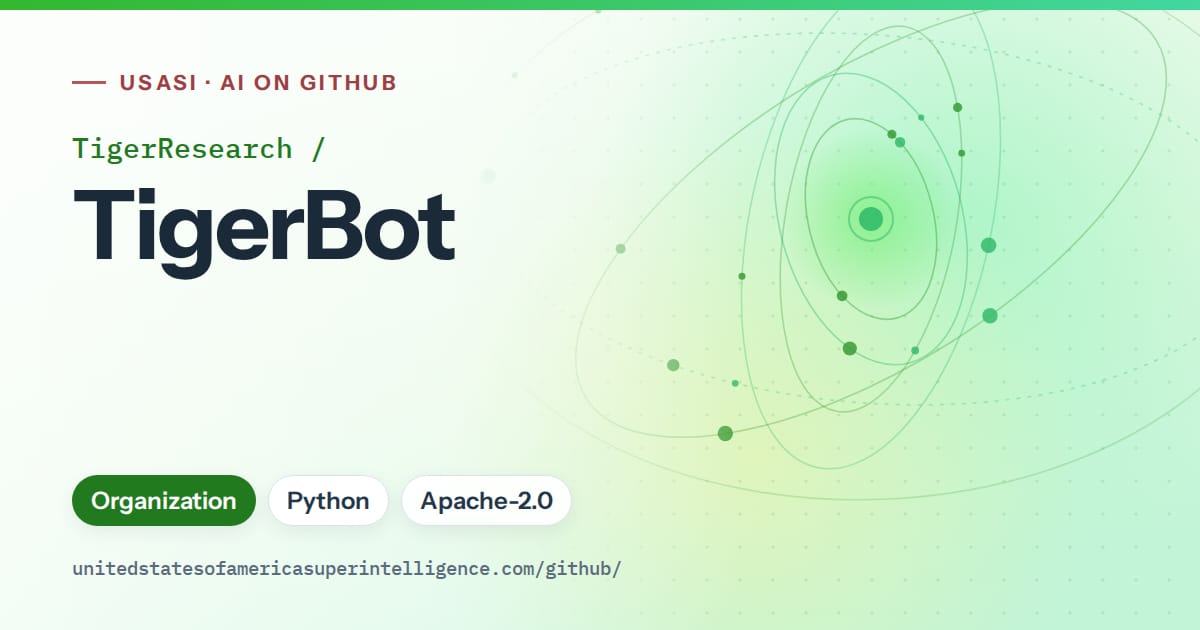 Generated green orbit artwork for TigerResearch/TigerBot, labeled USASI · AI on GitHub, with Organization · Python · Apache-2.0.
