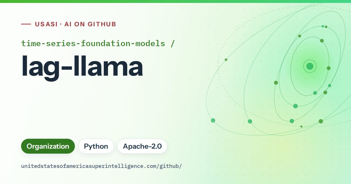 Generated green orbit artwork for time-series-foundation-models/lag-llama, labeled USASI · AI on GitHub, with Organization · Python · Apache-2.0.